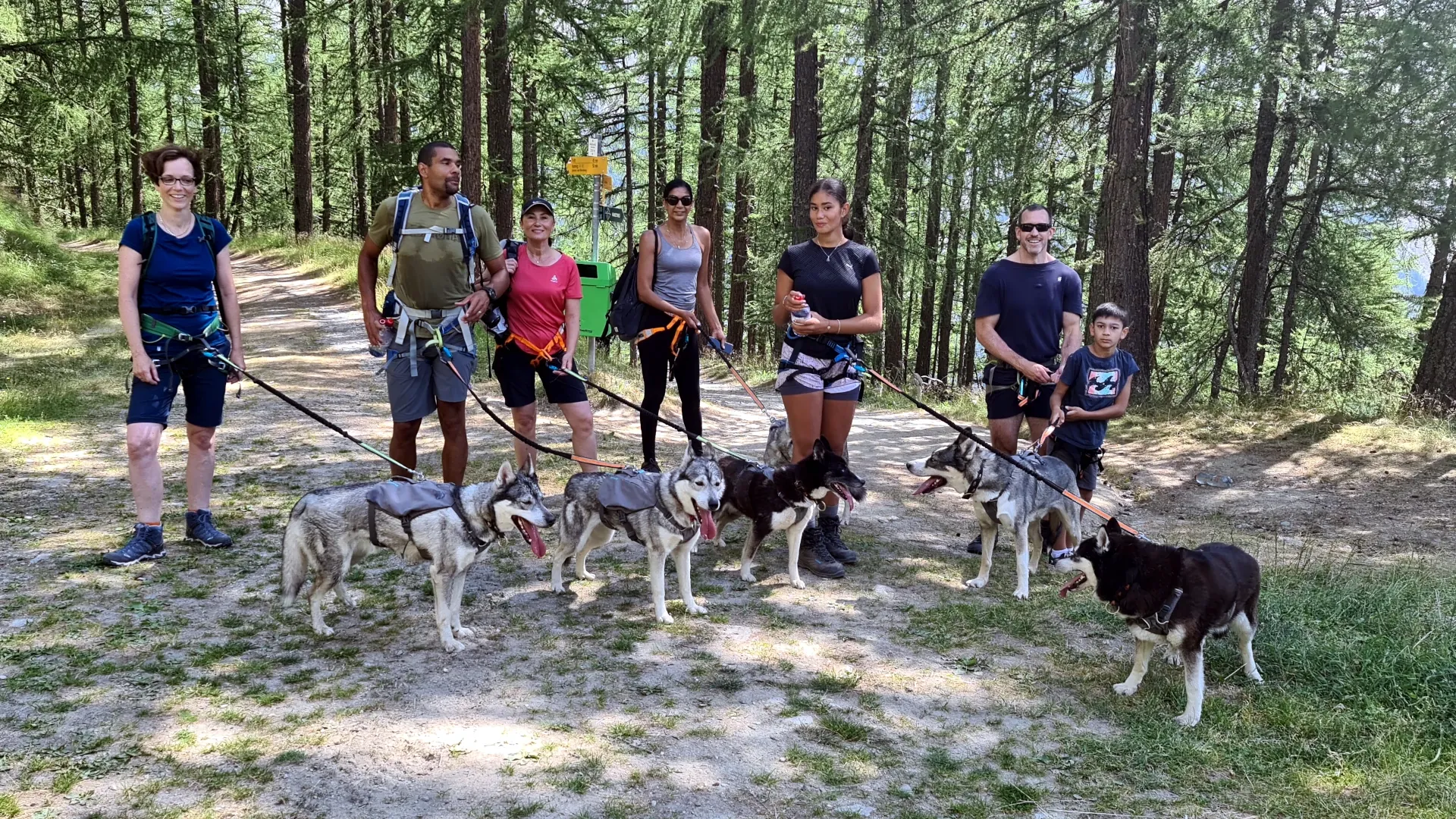 Teamfoto im Wald - Familie mit Huskys beim Trekking, Naturerlebnis und Zusammenhalt in der Wildnis